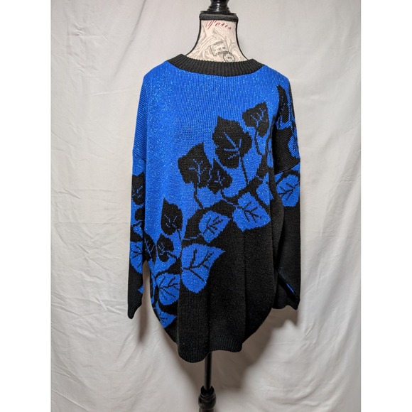 Arielle Women's VTG 80s 90s Blue Black Leaf Print Metallic Lurex Knit Sweater - Picture 1 of 8